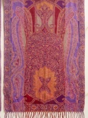 Intricate Paisley Fringed Wool Shawl in Purple & Gold Tones